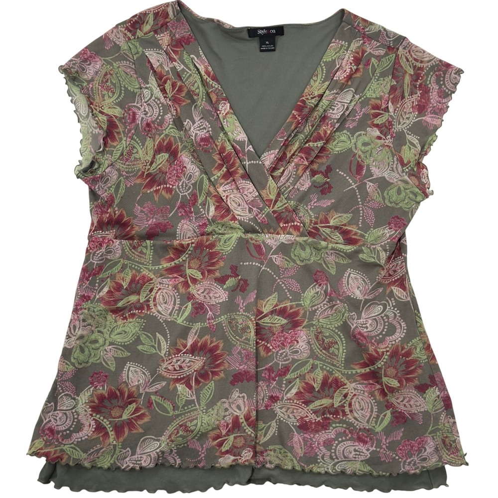 Y2K Style & Co Floral Babydoll Top XL Sage Pink Paisley Fairycore Cap Sleeve